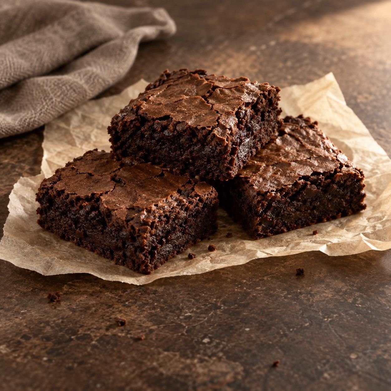 Fudgy cacao brownie squares with crackled tops on parchment and dark stone.