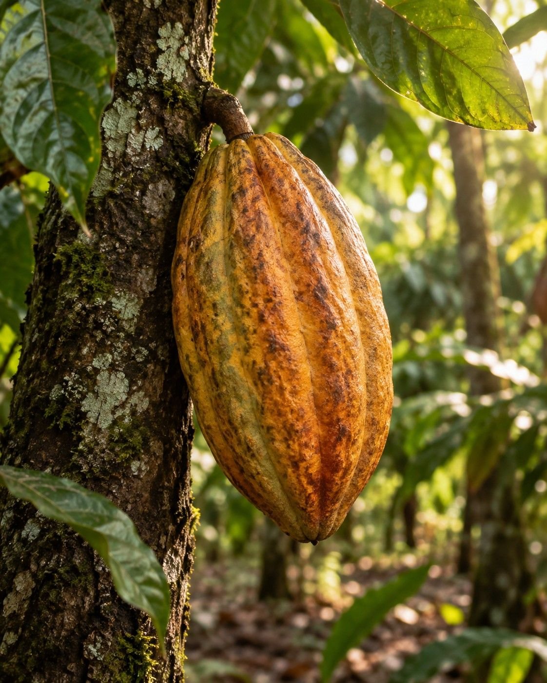 A ripe golden cacao pod attached to a tree trunk in warm morning light.