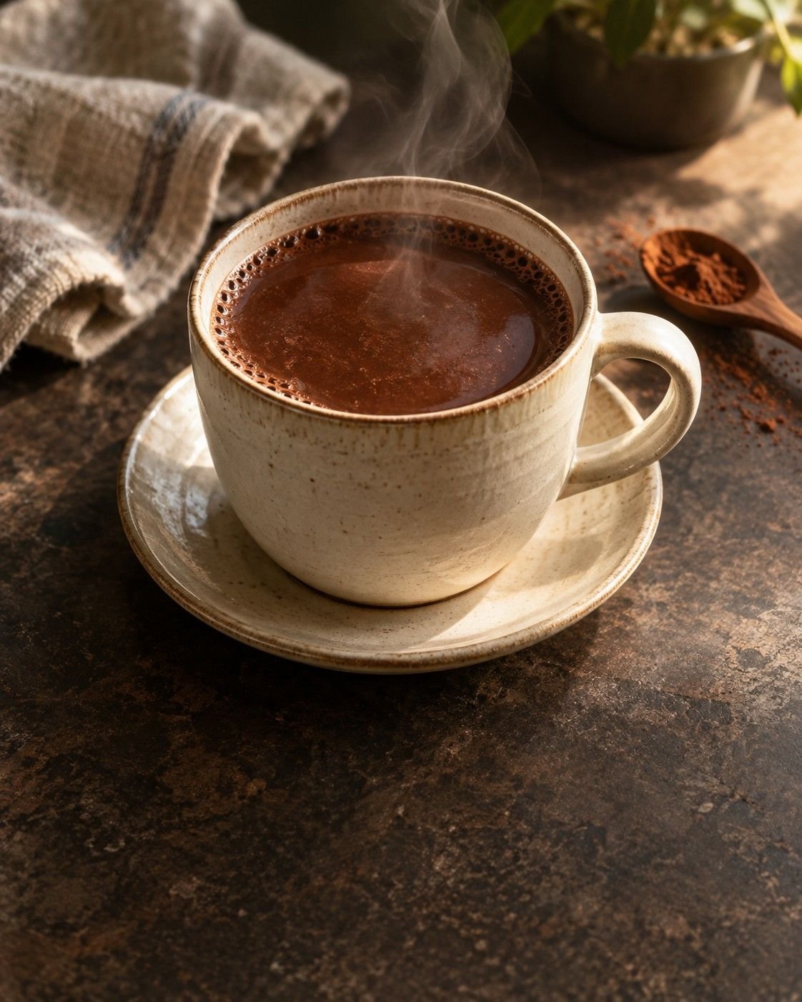 Steaming drinking cacao in an ivory ceramic cup on a dark stone table.