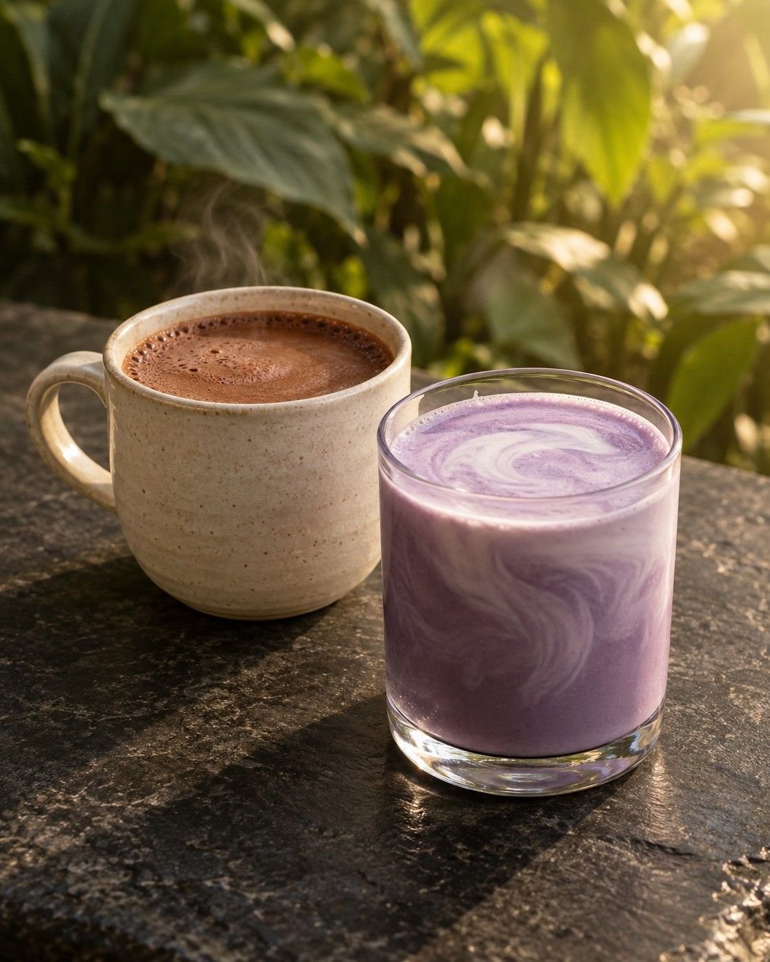 A ceramic cup of warm drinking cacao beside a glass of lavender ube latte with a milk swirl.