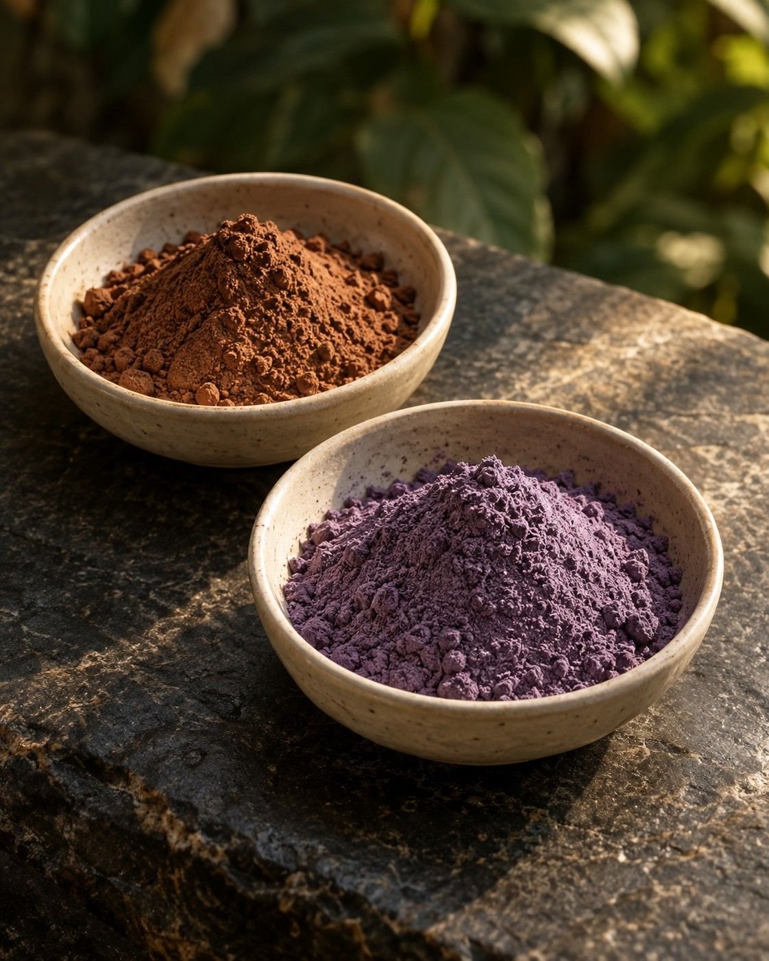 Separate ivory ceramic bowls of brown cacao powder and lavender-purple ube powder on dark stone.