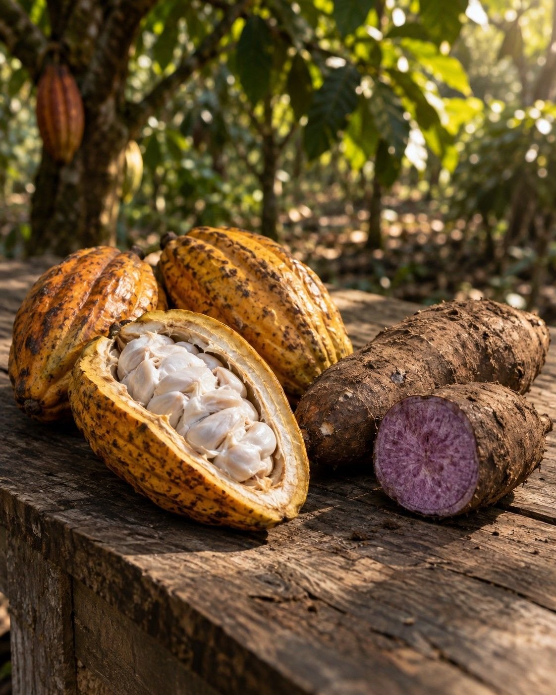 Harvested cacao pods, including an opened pod with white pulp, beside cut purple yam on a wooden table.