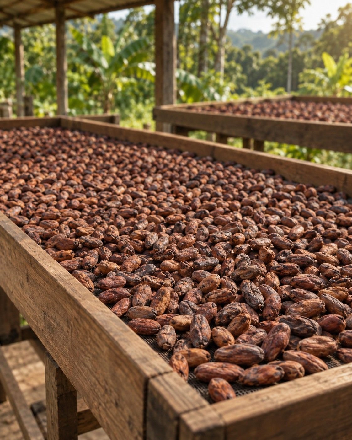 Cacao beans spread on raised wooden drying trays in an open-sided tropical workspace.