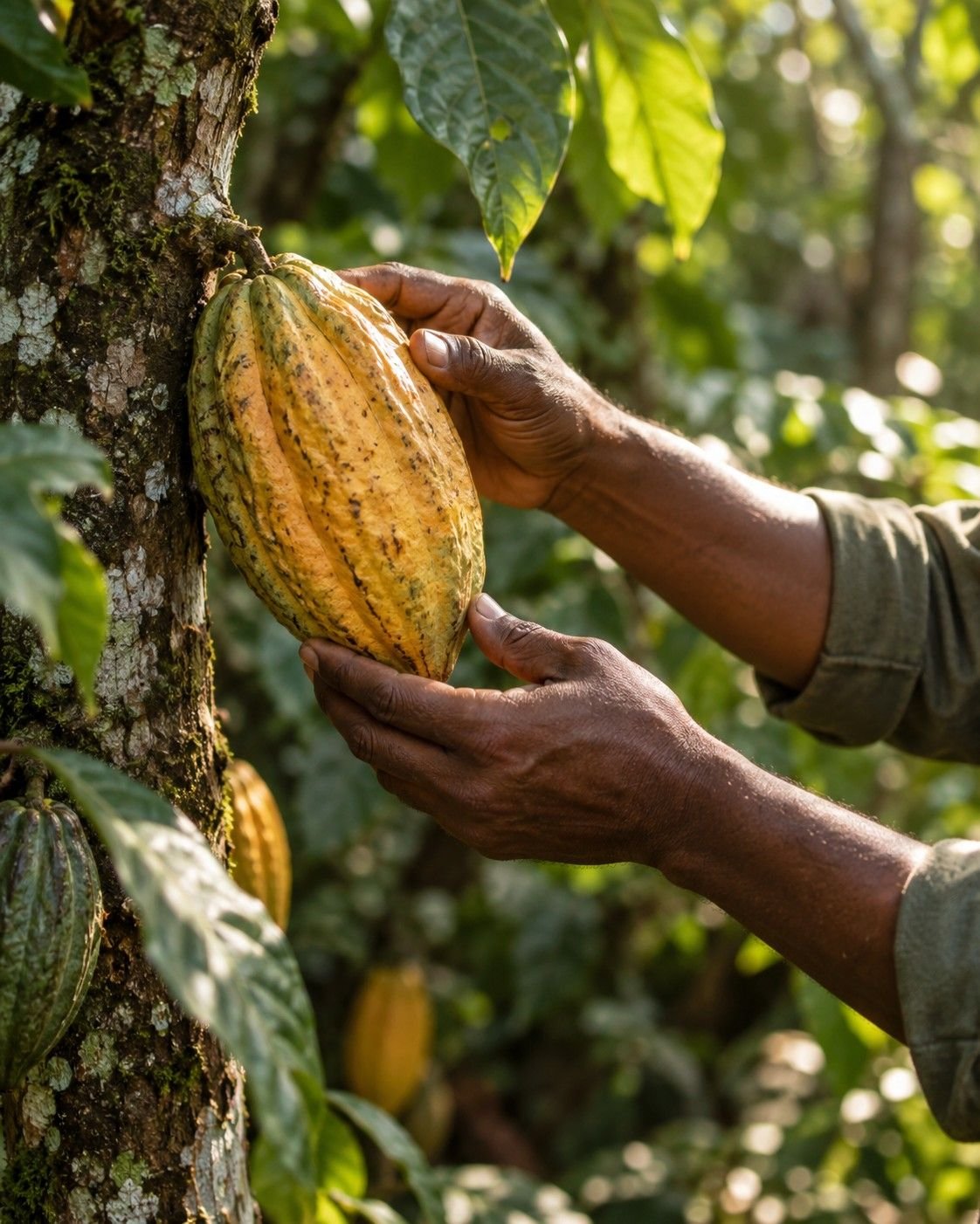 Hands gently inspecting a golden cacao pod growing on a tree.