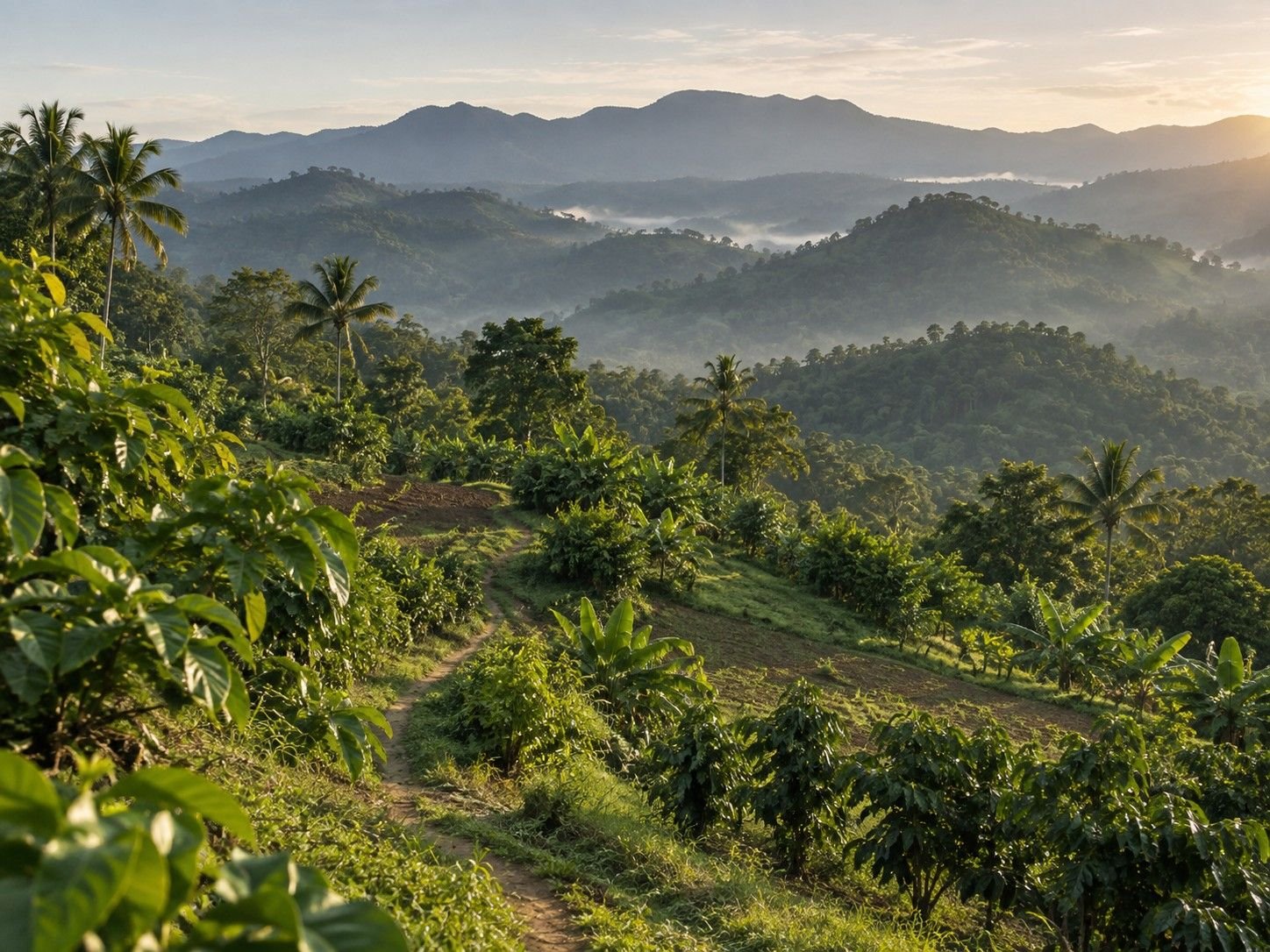 Tropical cultivated hillsides and coconut palms beneath misty forested ridges.