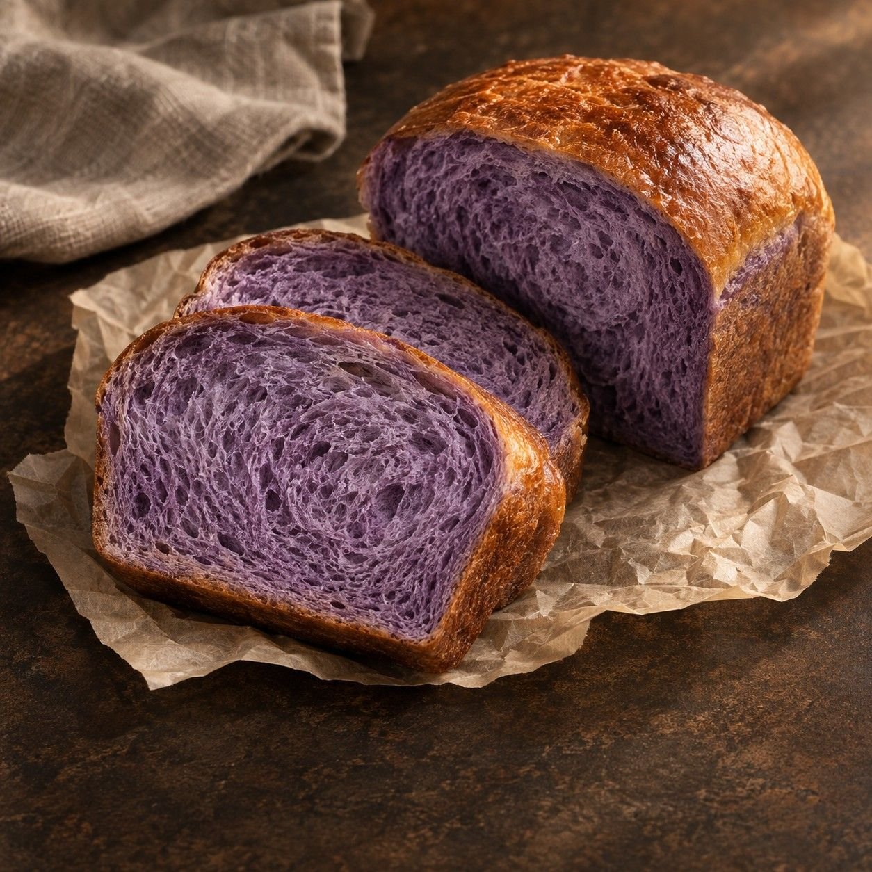 A loaf of ube bread, sliced to show its purple crumb.