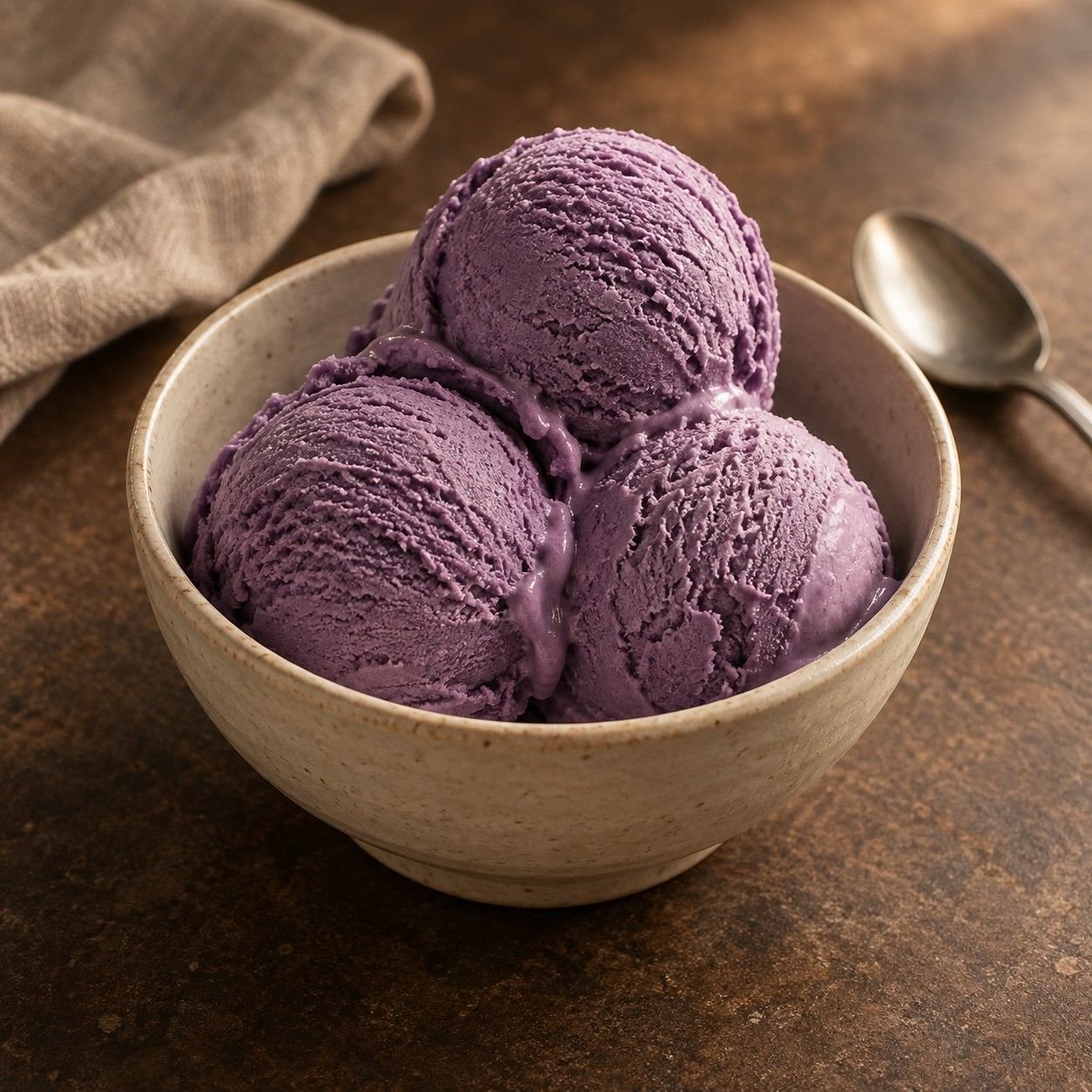 Lavender ube ice cream scoops in an ivory ceramic bowl on dark stone.