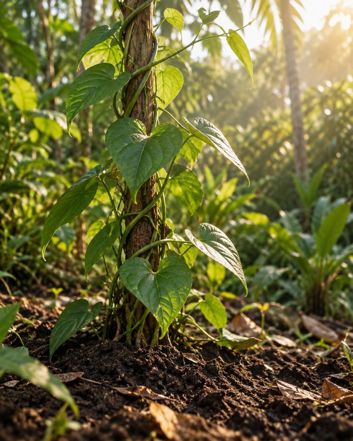A leafy ube vine climbing a wooden support above rich soil.